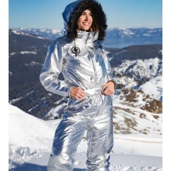 NWT Tipsy Elves Sleek Silver Bullet Ski Suit Snow Fur Trim Hood New Size M - Picture 2 of 8